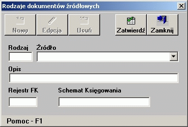 Dziennik 5.5.1 Rodzaje dokumentów źródłowych Opcja ta służy do wpisywania i przeglądania rodzajów dokumentów, które przychodzą do modułu FK z innych modułów systemu informatycznego, np.