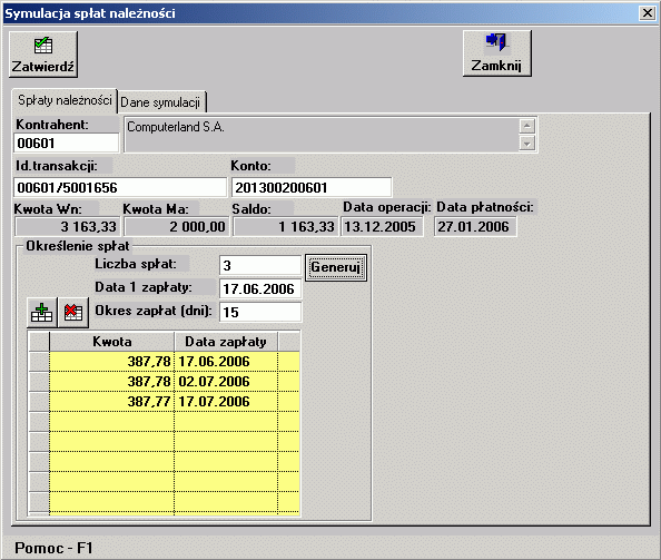 Kartoteki systemu FK Przycisk Zatwierdź pozwala na przejście na zakładkę Dane symulacji, na której