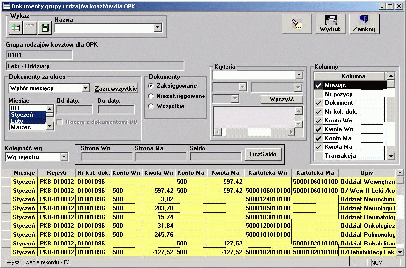 Kartoteki systemu FK 6.10.6.6 Obroty kartoteki Wybierając funkcję Obroty grupy można przeglądać dokumenty grupy kosztów dla OPK.