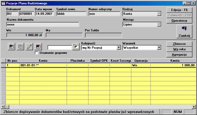 Budzet Formatka zawiera następujące informacje o nagłówku dokumentu: Rejestr i numer w rejestrze (nadawany automatycznie jako kolejny przy tworzeniu dokumentu), Data wprowadzenia data utworzenia