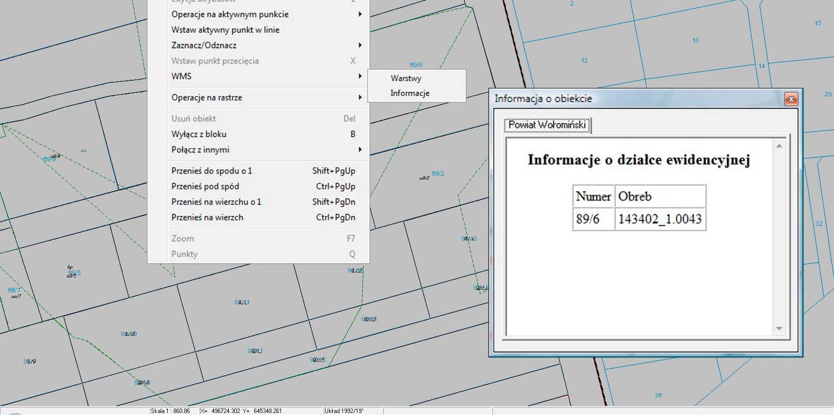 Aby skorzystać z funkcji w GEO-MAP należy kliknąć prawym klawiszem myszy na obiekcie widocznym na mapie pobranej z serwisu WMS, a z rozwiniętego menu kontekstowego wybrać WMS - > Informacje.