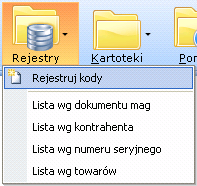 Magazyn 19 Magazyn Rejestry Pozycje szczegółowe zakładki menu REJESTRY wyświetlają dostęp do rejestracji kodów, do rejestru numerów seryjnych wg dokumentu magazynowego, rejestru numerów seryjnych wg