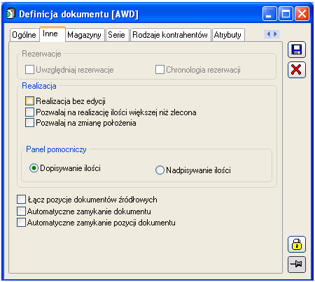 Rysunek 15 Definicja dokumentu: AWD, zakładka: Inne a) Realizacja bez edycji Zaznaczenie parametru spowoduje, że podczas realizacji pozycji AWD/ZWM nie będzie się otwierało okno realizacji, a pozycja