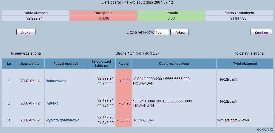 W tym miejscu Użytkownik ma dostęp do następujących informacji Data dnia, z którego utworzony był wyciąg Saldo otwarcia saldo rachunku z ostatniego dnia księgowego poprzedzającego wykonanie wyciągu