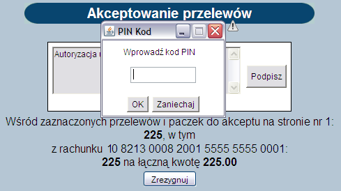 Warto zaznaczyć automatyczne odświeżenie listy przelewów. Dzięki temu po dokonaniu podpisu i zamknięciu okna z przelewem nastąpi automatyczne odświeżenie bieżącej listy przelewów.