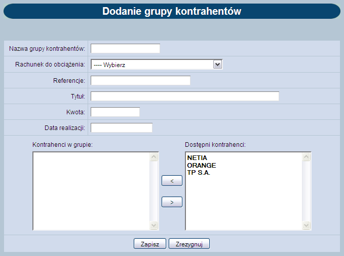 Referencje - w polu tym można wpisać dowolne literowe i/lub cyfrowe oznaczenie przelewu (np. Przelew1). Referencje nie są istotne dla systemu, mają służyć użytkownikowi.