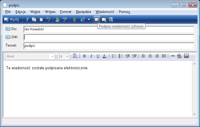 3. Wysyłanie podpisanych wiadomości 1. W Poczcie systemu Windows otwórz nową wiadomość naciskając Utwórz pocztę. 2.