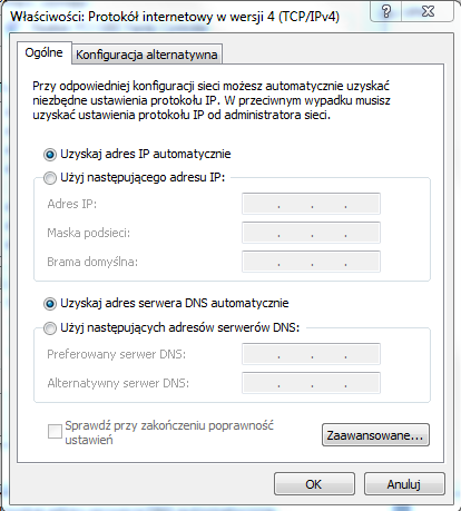 Kliknąć prawym przyciskiem myszy na Połączenie lokalne- > wybrać Właściwości -> Kliknąć dwukrotnie na Protokół internetowy w wersji 4 (TCP/IPv4) lub, w systemie Windows XP, Protokół internetowy