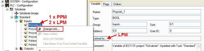 3.7. Linkowanie zmiennych Linkowanie zmiennych jest procedurą przypisującą nazwie zmiennej z projektu PLC konkretne wejście lub wyjście.