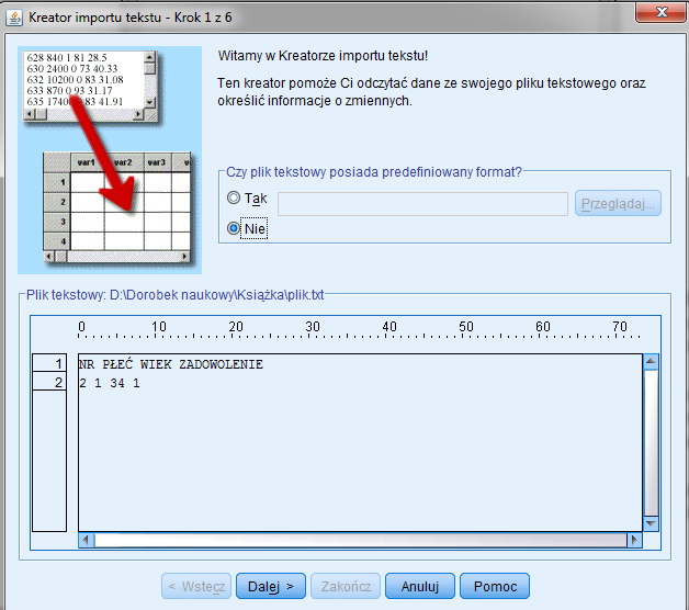 Pojawi się okno kreatora importu, które w łatwy sposób pozowli nam przejść kolejne kroki w wczytywaniu danych: W pierwszym oknie zapyta nas, czy dane mają predefiniowany format oraz zaprezentuje