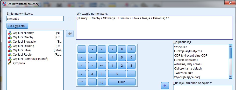 Dodajemy do siebie zmienne (w oknie wyrażenia numeryczne) i dzielimy je przez 7. Używamy w tym celu kalkulatora z operatorami logicznymi. 2.