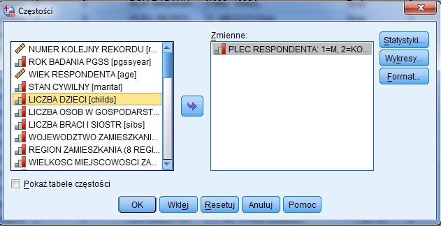 Główne okno dialogowe składa się z dwóch części. Po lewej stronie znajduje się lista zmiennych do wyboru.