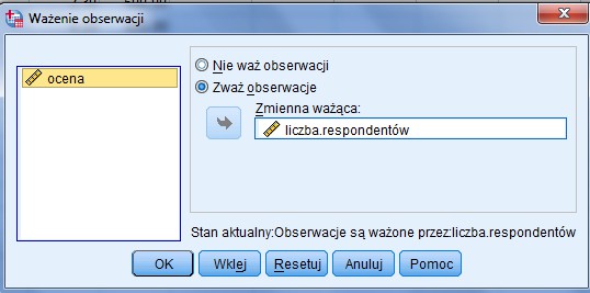 Następnie klikamy: Analiza Opis statystyczny Statystyki opisowe, zaznaczamy zmienną ocena 4.1.3.