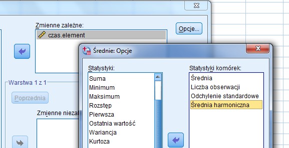 Porównanie średnich Średnie. Następnie po naciśnięciu Opcje możemy wybrać, jakie statystyki wyświetli nam SPSS.