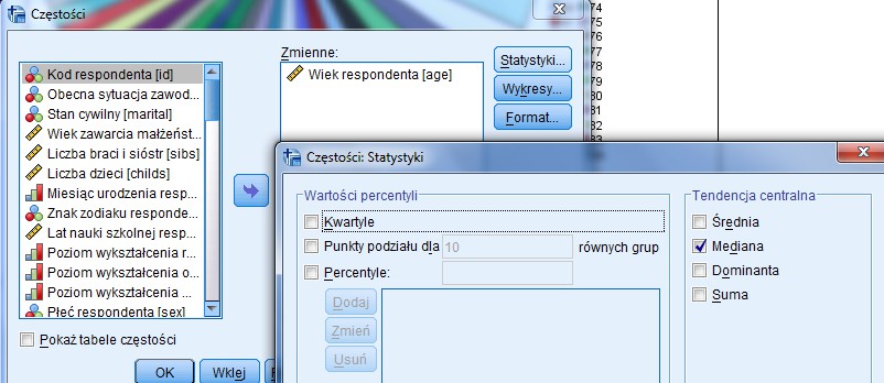 W programie SPSS istnieje kilka możliwości wygenerowania mediany. Większość z nich poznaliśmy, przy okazji obliczania średniej.