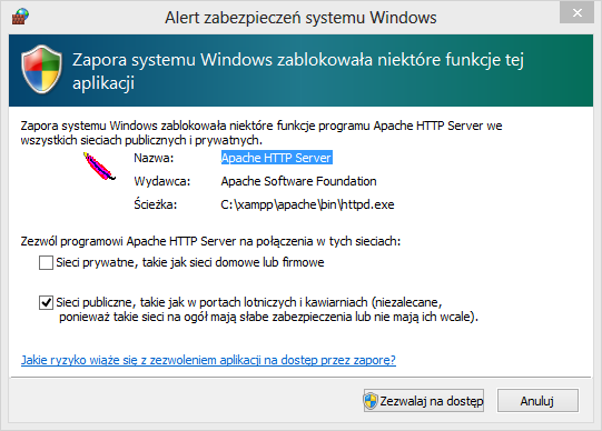 Rysunek 8: Zapora systemu Windows Informacja o zakończeniu instalacji Xampp (rys. 9).