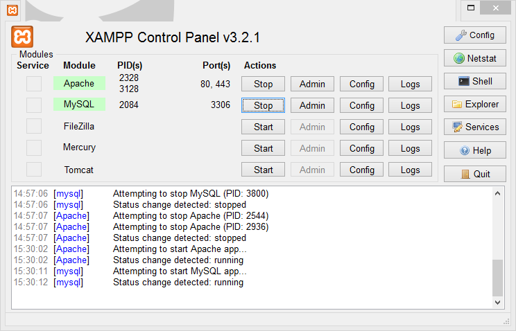 Rysunek 15: Panel kontrolny Xampp Aby upewnić się że serwery działają prawidłowo