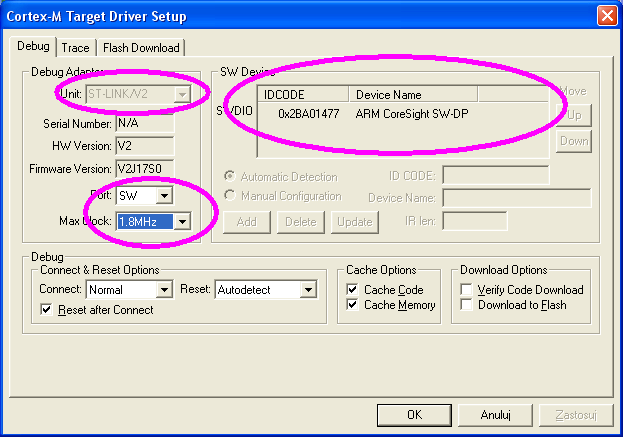 W zakładce Debug i wybieramy Use z listy debuger typu ST-Link Debugger. Po naciśnięciu przycisku Settings pojawia się nowe okienko z trzema zakładkami.