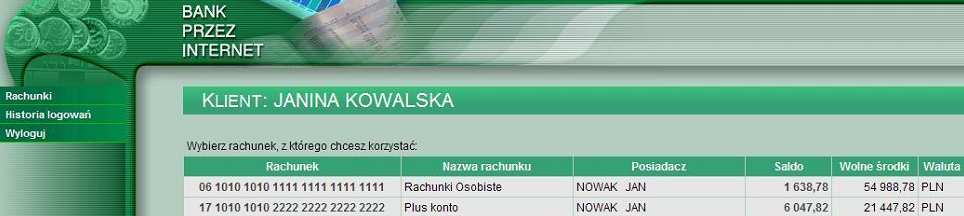 2.3. Rozpoczęcie pracy Po uruchomieniu systemu, na kolejnej stronie, wyświetlone są informacje o: - osobie zarejestrowanej w systemie klient, - liście rachunków dostępnych przez Internet, - nazwie