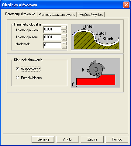 4. Z zakładki Parametry skrawania ustaw: Tolerancja wewnętrzna i zewnętrzna = 0.01, Naddatek =0.0, Kierunek skrawania WspółbieŜne. 5.