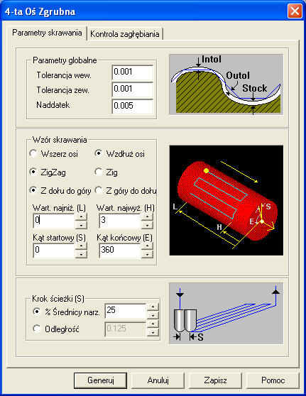 2. W zakładce Parametry skrawania ustaw Tolerancje wewnętrzną i zewnętrzną = 0.001, Naddatek = 0.