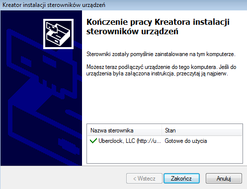 KROK 10 Kreator zainstaluje sterowniki i wyświetli okno z informacją o poprawnym przebiegu instalacji.