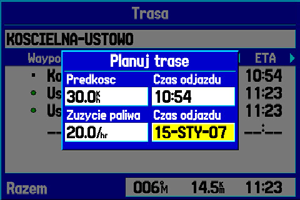 Tryb Morski > Nawigacja Według Trasy Istnieje możliwość wybrania informacji o Twojej podróży, w których urządzenie GPSMAP 278 wyświetli oszacowane dane o podróży. Aby zaplanować trasę: 1.