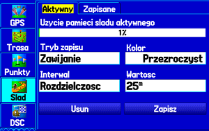 Tryb Morski > Zarządzenie Śladami Zarządzenie Śladami GPSMAP 278 podczas podróży rysuje na Stronie Mapy punktowo pokonywaną trasę lub rejestruje informacyjną ścieżkę (track log).