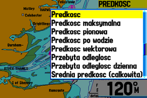 Ekrany Trybu Morskiego > Ekran Mapy Zmiana Układu Ekranu i Pól Danych Domyślnie pięć pól danych pokazuje się z prawej strony Ekranu Mapy.