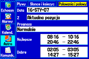 Menu Główne > Zakładka Astronomiczne Aby zobaczyć informacje o Słońcu i Księżycu dla innej pozycji: 1. Używając Przycisku Kursora podświetl pole Z (From) i naciśnij Enter. 2.