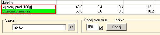 Podgląd wartości odŝywczej produktu / potrawy w 100g oraz w wybranej gramaturze 150g.