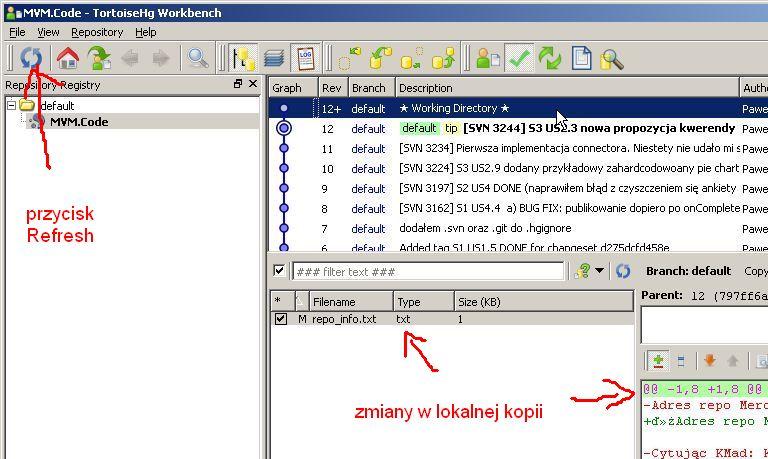 8. Pobranie repozytorium (3) Po udanej operacji pull w oknie historii rewizji powinny pojawić się wszystkie wysłane dotychczas na serwer zestawy zmian.