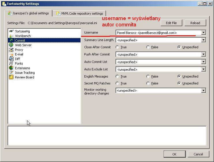 5. TortoiseHg konfiguracja (2) W TortoiseHg Workbench wchodzimy do File -> Settings, a tam na zakładkę (.