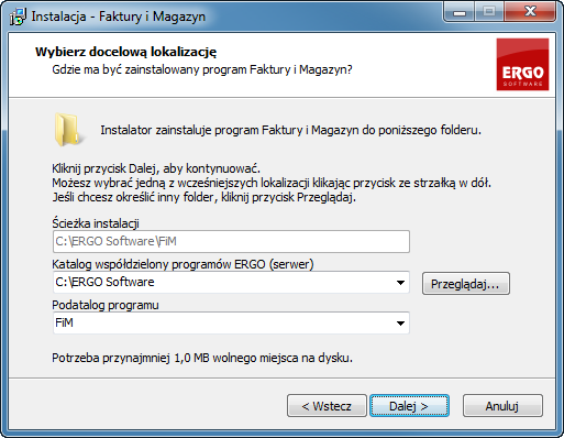 Rysunek 4 Określenie lokalizacji instalacji programu Zalecane jest aby bezpośrednio na dysku lokalnym stworzyć folder ERGO Software i w nim zainstalować wszystkie aplikacje.