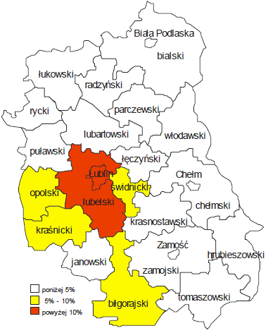 Rysunek 8. Obszary przyciągające najwięcej pracowników z innych powiatów województwa lubelskiego Źródło: opracowanie na podst.