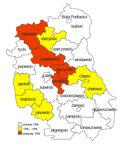 pracy poza ich granice (w tym osoby pracujące poza województwami za granicą), czyli obszary, których mieszkańcy są najbardziej mobilni.