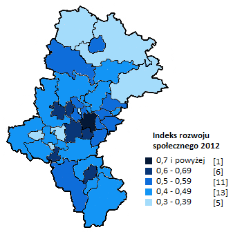 Mapa 35 Poziom rozwoju społecznego w województwie śląskim w 2012 roku Źródło: Opracowanie własne Objaśnienie: Mapa prezentuje relatywny poziom rozwoju, wartości absolutne są nieinterpretowalne 6.10.