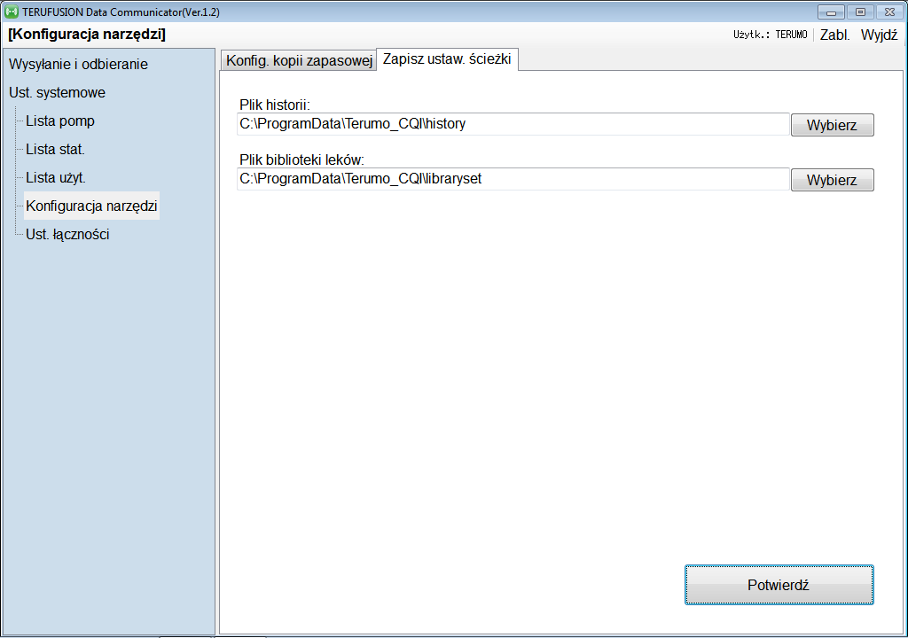 Ustawienia miejsca docelowego zapisu plików Możliwe jest ustawienie folderów odczytu biblioteki leków i zapisu historii pompy wspólnych z Analizatora dawek z menedżerem biblioteki leków TERUFUSION