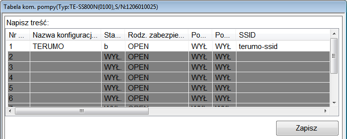 1) Kliknięcie przycisku [Zapisz] spowoduje zapisanie ustawień konfiguracji łączności, które mają być użyte dla pompy.