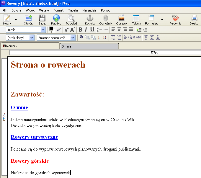 Rys.2 Aby sprawdzić działanie odnośnika (tzw. hiperłącza), z górnego paska wybieramy ikonę Podgląd. Pojawia się strona Rowery. Klikając na tekst O mnie, powinniśmy przejść na podstronę O mnie.