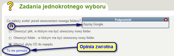 Rysunek 16. Fragment testu jednokrotnego wyboru Zadania na wypełnianie luk Kolejny obiekt pozwalający na sprawdzenie wiadomości. Tym razem należy wypełnić luki w tekście.