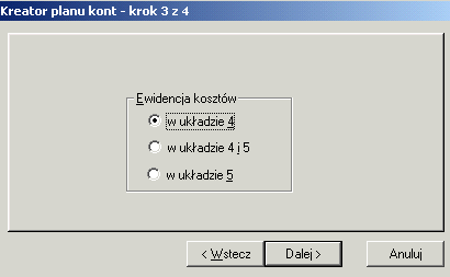 Po ustaleniu rodzaju działalności i naciśnięciu przycisku: o sposób ewidencjonowania kosztów., zostanie wyświetlone pytanie Rys. 9.132 Kreator planu kont/krok 3.