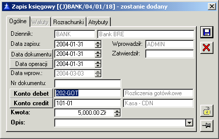 W otwartym oknie naleŝy wybrać bufor księgowania, dziennik księgowań oraz ustalić odpowiedni miesiąc i rok, na który będzie księgowany zapis księgowy.