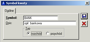 Rys. 9.170 Lista symboli kwot. W aktywnym oknie, naleŝy nacisnąć przycisk: [Nowy]. Zostanie otworzone okno: Symbol kwoty (Rys. 9.171). Rys. 9.171 Dodawanie symbolu kwoty.