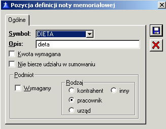 Rys. 9.172 Pozycja definicji noty memoriałowej. W aktywnym oknie naleŝy określić symbol oraz opis pozycji, rodzaj podmiotu oraz to, czy ma on być wymagany.