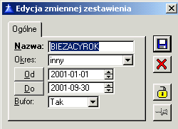 Rys. 9.213 Edycja szablonu, zakładka: Zmienne. Nową zmienną czasową dodaje się poprzez naciśnięcie przycisku: [Nowy] (Rys. 9.214).