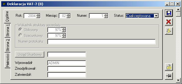 Deklaracja VAT 7, zakładka: Ogólne Rys. 9.14 Rejestr VAT Deklaracja VAT-7. Zakładka jest zakładką informacyjną, na której ustalany jest rok, miesiąc i numer deklaracji oraz dane urzędu skarbowego.