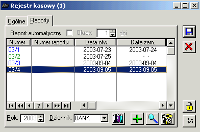 Rys. 9.36 Rejestr kasowy, zakładka: Ogólne. Rejestr kasowy/bankowy, zakładka: Raporty Na zakładce znajdują się raporty przypisane do danego rejestru.