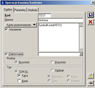 W oknie moŝna zadeklarować występujące w kasie typy operacji gotówkowych, a w banku typy operacji na rachunkach. MoŜna równieŝ przyporządkować operacje do określonych rejestrów.